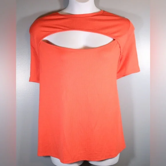 AVA & VIV Ribbed Cutout Top Coral Orange Short Sleeve Casual Shirt 4X - Picture 5 of 13